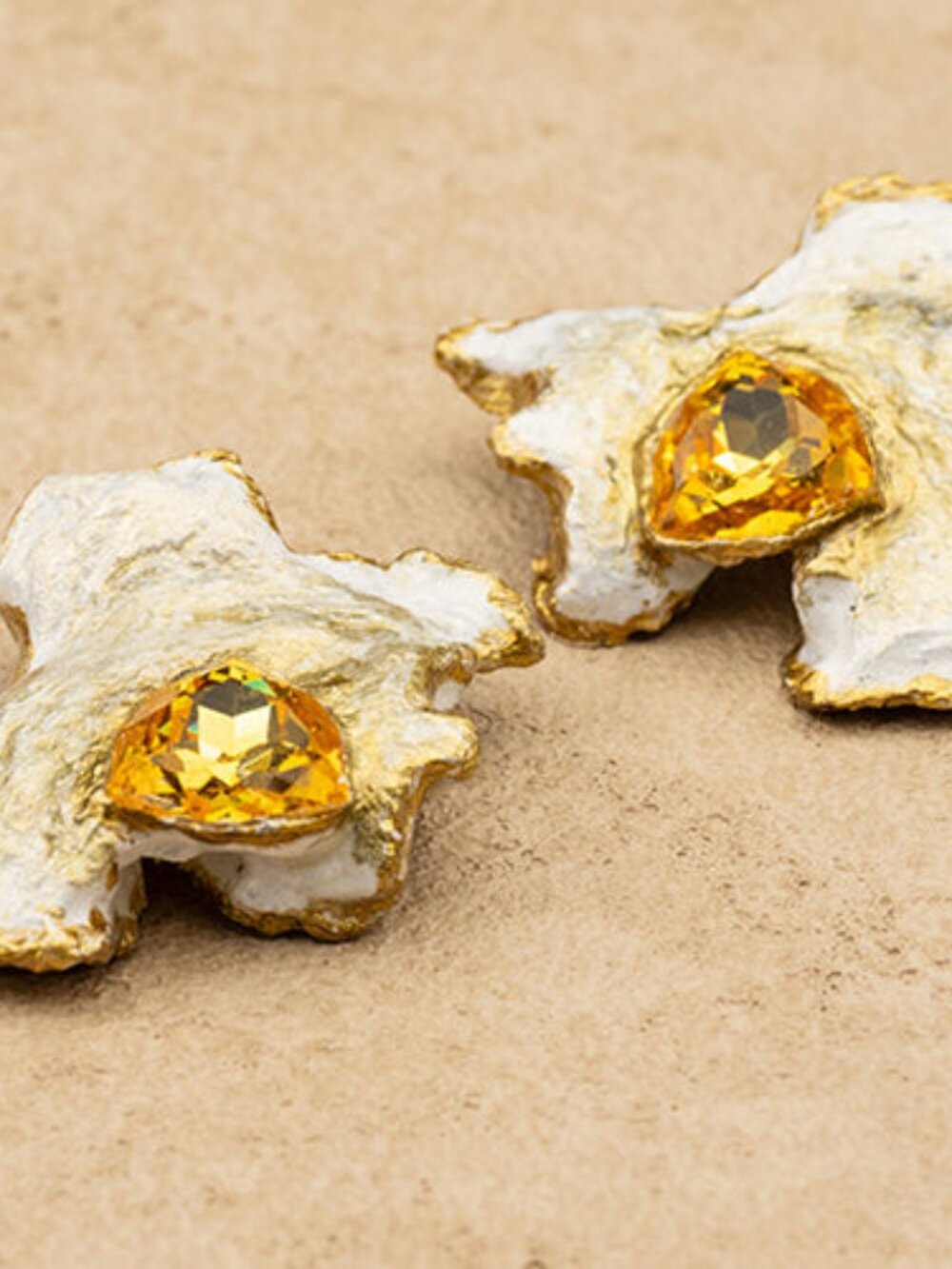 Handmade Papier-Mâché Gold Leaf Abstract Earrings, White and Topaz